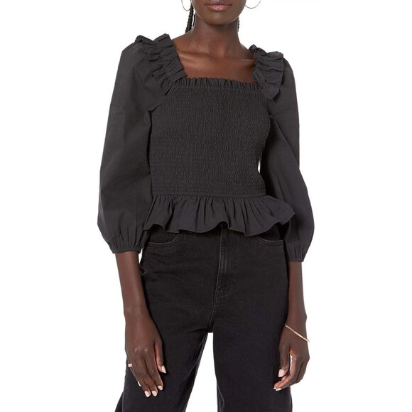 Womens Smocked Peplum Top With Ruffle Trim & 3/4 Sleeves - Black - Picture 4 of 5